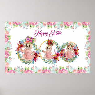 Happy Easter Bunny Waterverf Floral Wreath Kindere Poster