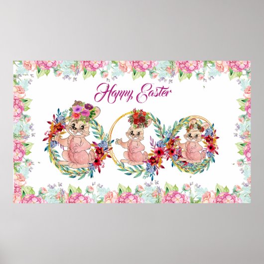 Happy Easter Bunny Waterverf Floral Wreath Kindere Poster (Voorkant)