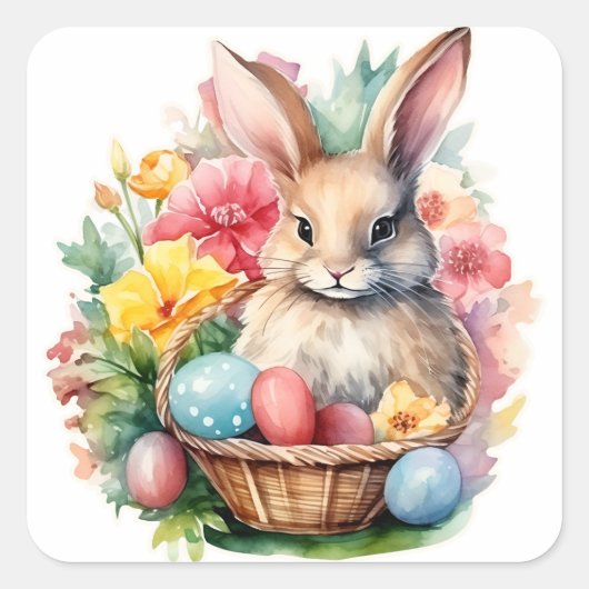 Happy Easter Bunny Waterverf schilderij Vierkante Sticker (Voorkant)