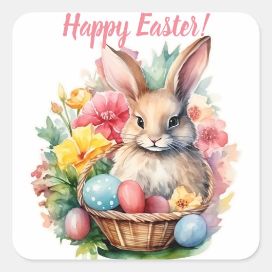 Happy Easter Bunny Waterverf schilderij Vierkante Sticker (Voorkant)