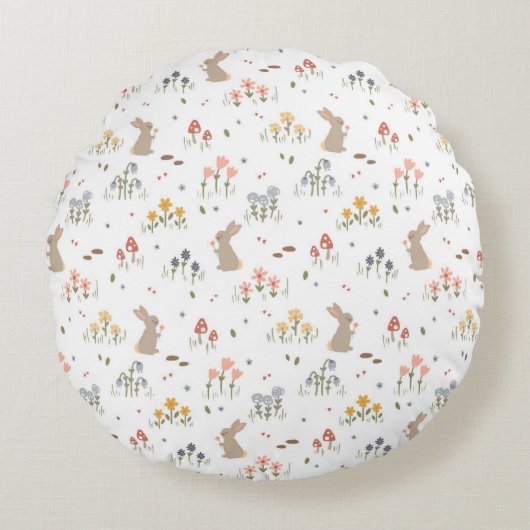 Happy Easter Bunny Wildflowers Schattigee Kinder S Rond Kussen (Voorkant)