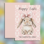 Happy Easter Bunny with Bow on Pink Damask Feestdagenkaart