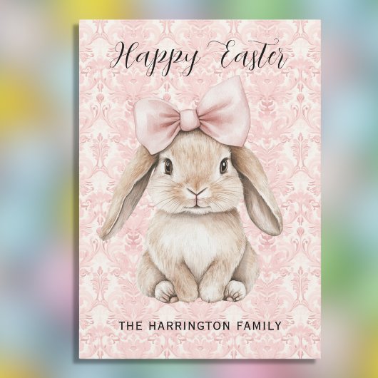 Happy Easter Bunny with Bow on Pink Damask Feestdagenkaart