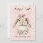 Happy Easter Bunny with Bow on Pink Damask Feestdagenkaart (Voorkant)