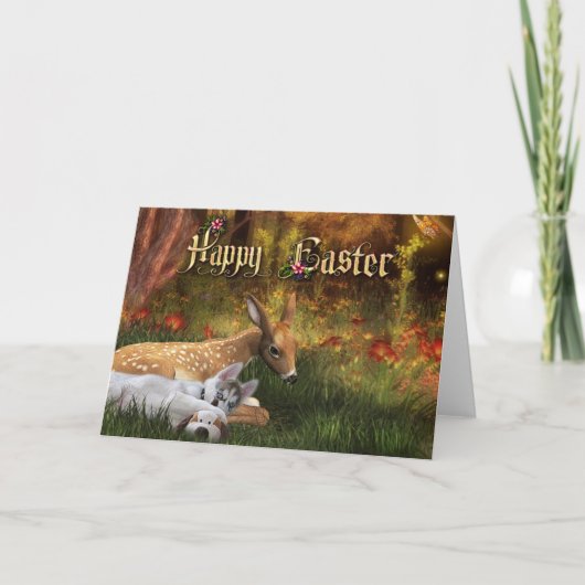 Happy Easter Card - Puppy and Fawn Feestdagen Kaart (Voorkant)