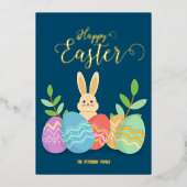 Happy Easter | Cartoon Bunny & Eggs Gold Folie Feestdagenkaart (Voorkant)