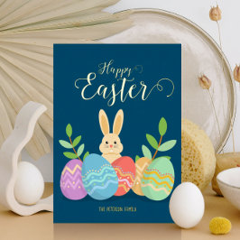 Happy Easter | Cartoon Bunny & Eggs Gold Folie Feestdagenkaart