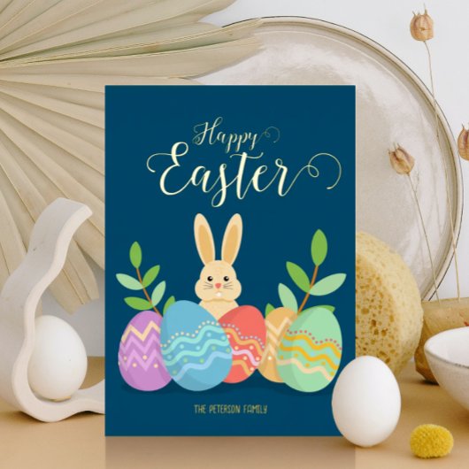 Happy Easter | Cartoon Bunny & Eggs Gold Folie Feestdagenkaart