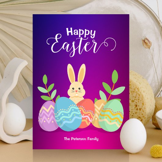 Happy Easter | Cartoon Bunny & Paaseieren Invitat Kaart
