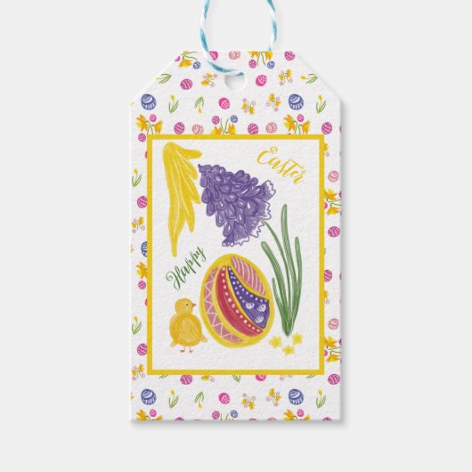 Happy Easter chick, egg, grape hyacinth pattern Cadeaulabel (Voorkant)