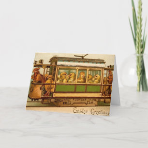 Happy Easter Chicks in een Trolley met Hanen Feestdagen Kaart