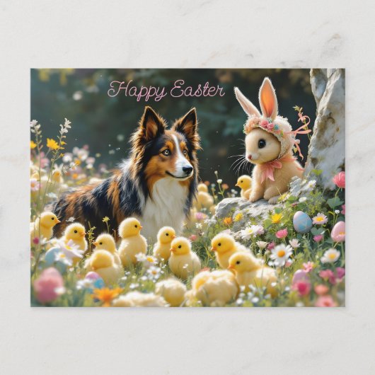 Happy Easter Collie en de kuikens Briefkaart (Voorkant)