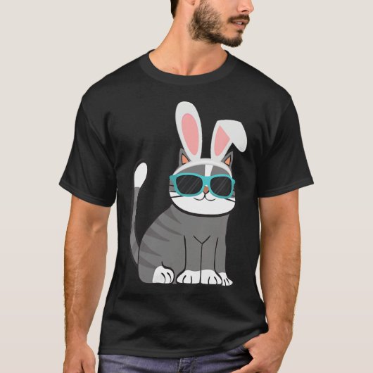 Happy Easter Cool Cat With Bunny Ears and Glasses  T-shirt (Voorkant)