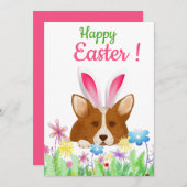 Happy Easter | Corgi met paasbunny Ear Funny Feestdagenkaart (Voorkant / Achterkant)