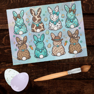 Happy Easter Cowgirl Leopard Print Teal Bunnies   Tissuepapier