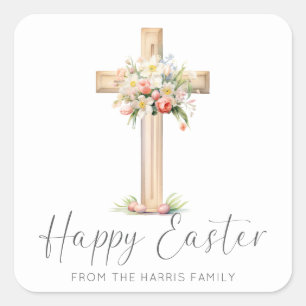 Happy Easter Cross Floral Vierkante Sticker