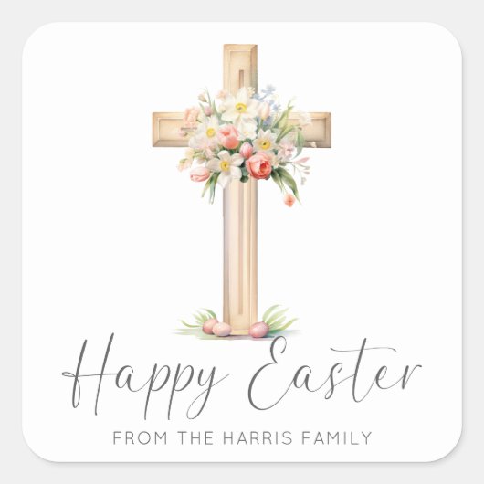 Happy Easter Cross Floral Vierkante Sticker (Voorkant)