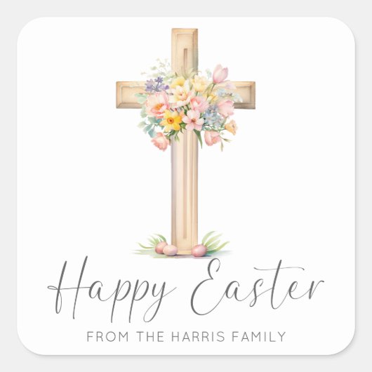 Happy Easter Cross Floral Vierkante Sticker (Voorkant)