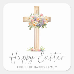 Happy Easter Cross Floral Vierkante Sticker