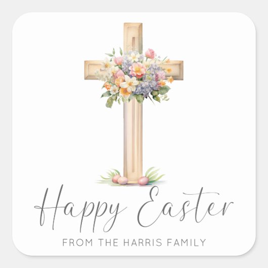 Happy Easter Cross Floral Vierkante Sticker (Voorkant)