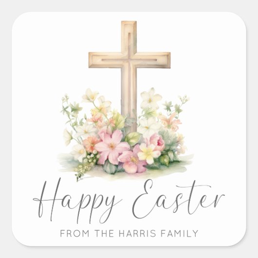 Happy Easter Cross Floral Vierkante Sticker (Voorkant)