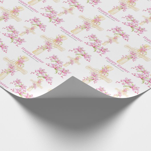 Happy Easter Cross Roze Bloemen Orchidee Bloemen Cadeaupapier (Hoek)