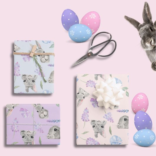 Happy Easter Curious Rabbits Pastel Kleuren Bloeme Inpakpapier Vel