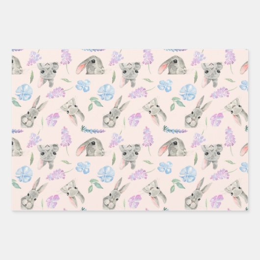 Happy Easter Curious Rabbits Pastel Kleuren Bloeme Inpakpapier Vel (Voorkant)