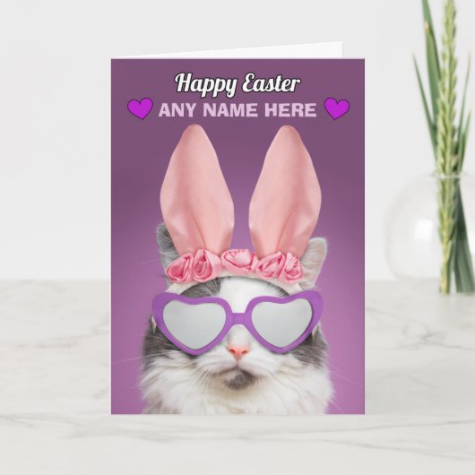 Happy Easter Custom Name Cat in Bunny Ears Humor Feestdagen Kaart (Voorkant)