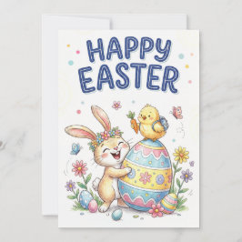 Happy Easter Cute Bunny and Chick Card Feestdagenkaart