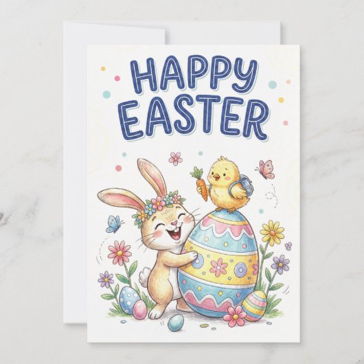 Happy Easter Cute Bunny and Chick Card Feestdagenkaart (Voorkant)