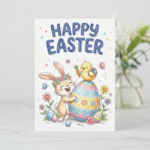 Happy Easter Cute Bunny and Chick Card Feestdagenkaart (Staand voorkant)