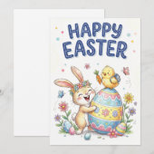 Happy Easter Cute Bunny and Chick Card Feestdagenkaart (Voorkant / Achterkant)