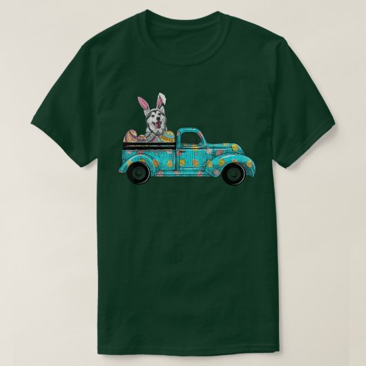 Happy Easter Cute Bunny Dog Husky Eggs Old Truck T-shirt (Design voorkant)