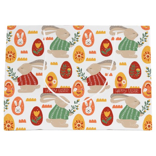 Happy Easter Cute Bunny Eggs Spring Flowers Groot Cadeauzakje (Voorkant)