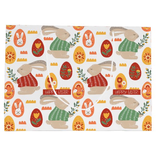 Happy Easter Cute Bunny Eggs Spring Flowers Groot Cadeauzakje (Achterkant)