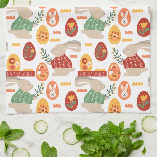 Happy Easter Cute Bunny Eggs Spring Flowers Theedoek (Gevouwen)
