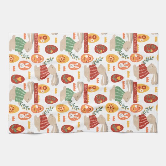 Happy Easter Cute Bunny Eggs Spring Flowers Theedoek (Horizontaal)