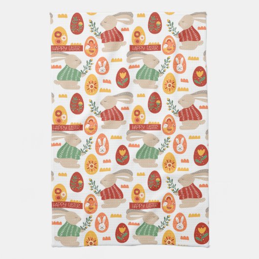 Happy Easter Cute Bunny Eggs Spring Flowers Theedoek (Verticaal)