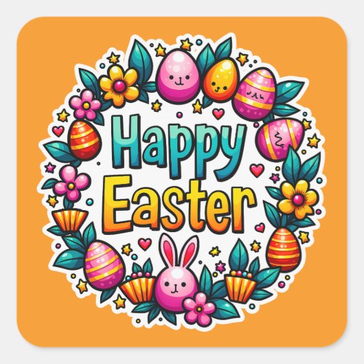 Happy Easter – Cute Bunny Lettering Autocolante Vierkante Sticker (Voorkant)