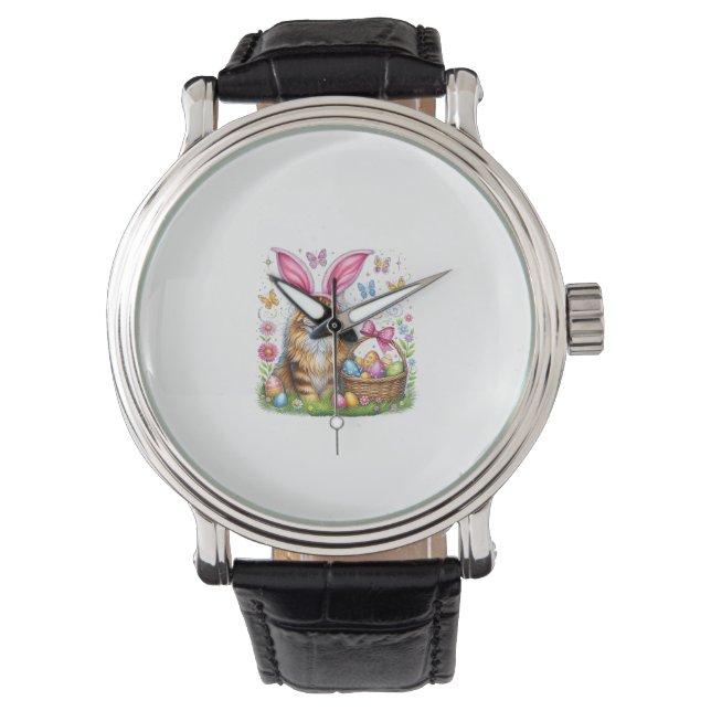 Happy Easter Cute Bunny Maine Coon Cat Easter Eggs Horloge (Voorkant)