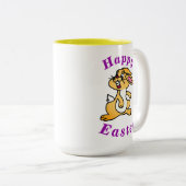 "Happy EASTER" Cute Bunny Rabbit met Paarse tekst Tweekleurige Koffiemok (Voorkant rechts)