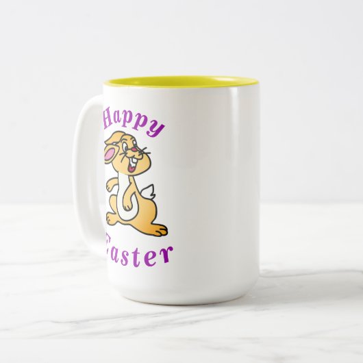 "Happy EASTER" Cute Bunny Rabbit met Paarse tekst Tweekleurige Koffiemok (Voorkant links)