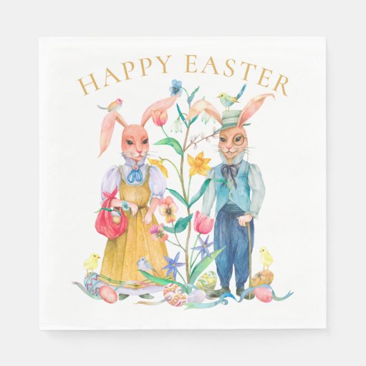 Happy Easter Cute Bunny Rabbits Spring Flowers Servet (Voorkant)