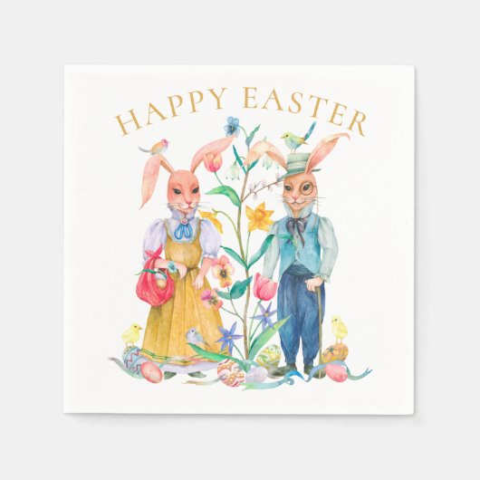 Happy Easter Cute Bunny Rabbits Spring Flowers Servet (Voorkant)