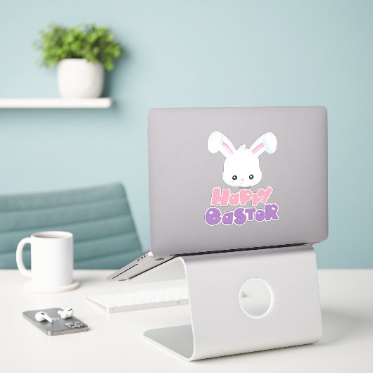 Happy Easter, Cute Bunny, White Bunny, Rabbit Sticker (Laptop op bureau)