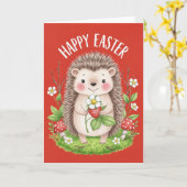 Happy Easter Cute Hedgehog Holding Strawberry Kaart (Gele Bloem)