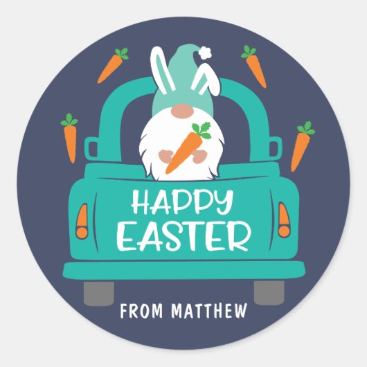 Happy Easter Cute Modern Gnome Truck Name Ronde Sticker (Voorkant)
