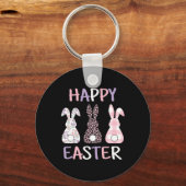 Happy Easter Cute Pink Leopard Plaid Flower Bunny Sleutelhanger (Voorkant)