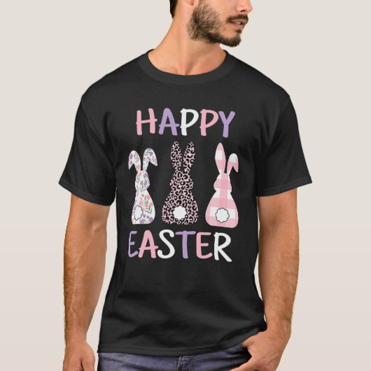Happy Easter Cute Pink Leopard Plaid Flower Bunny T-shirt (Voorkant)